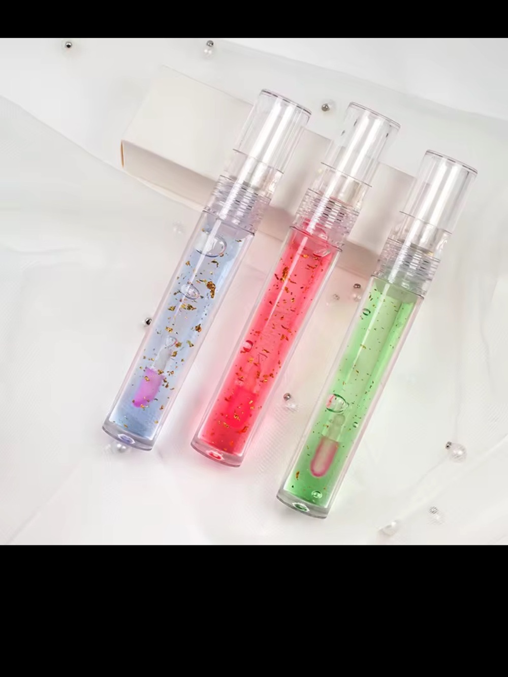 Shimmer Lip Gloss Trio — Pink, Blue & Green with Gold Flakes